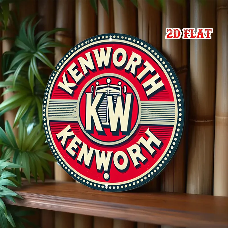 مسطح ثنائي الأبعاد، قطعة واحدة من علامة Kenworth KW المستديرة من الألومنيوم - لوحة فنية جدارية معدنية بشعار جريئة، ديكور ريفي على الطراز الكلاسيكي للمنزل، المرآب،