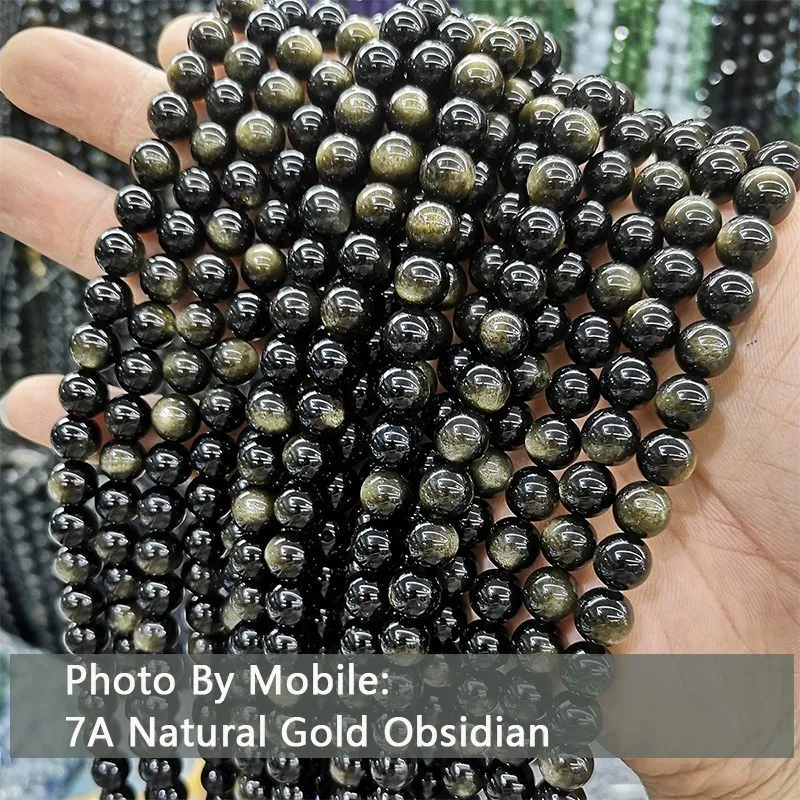 Naturstein Goldener Schwarzer Obsidian Perle Glänzende Runde Lose Edelsteinperle für Schmuckherstellung DIY Armband Halskette Zubehör 15" – Detail 3