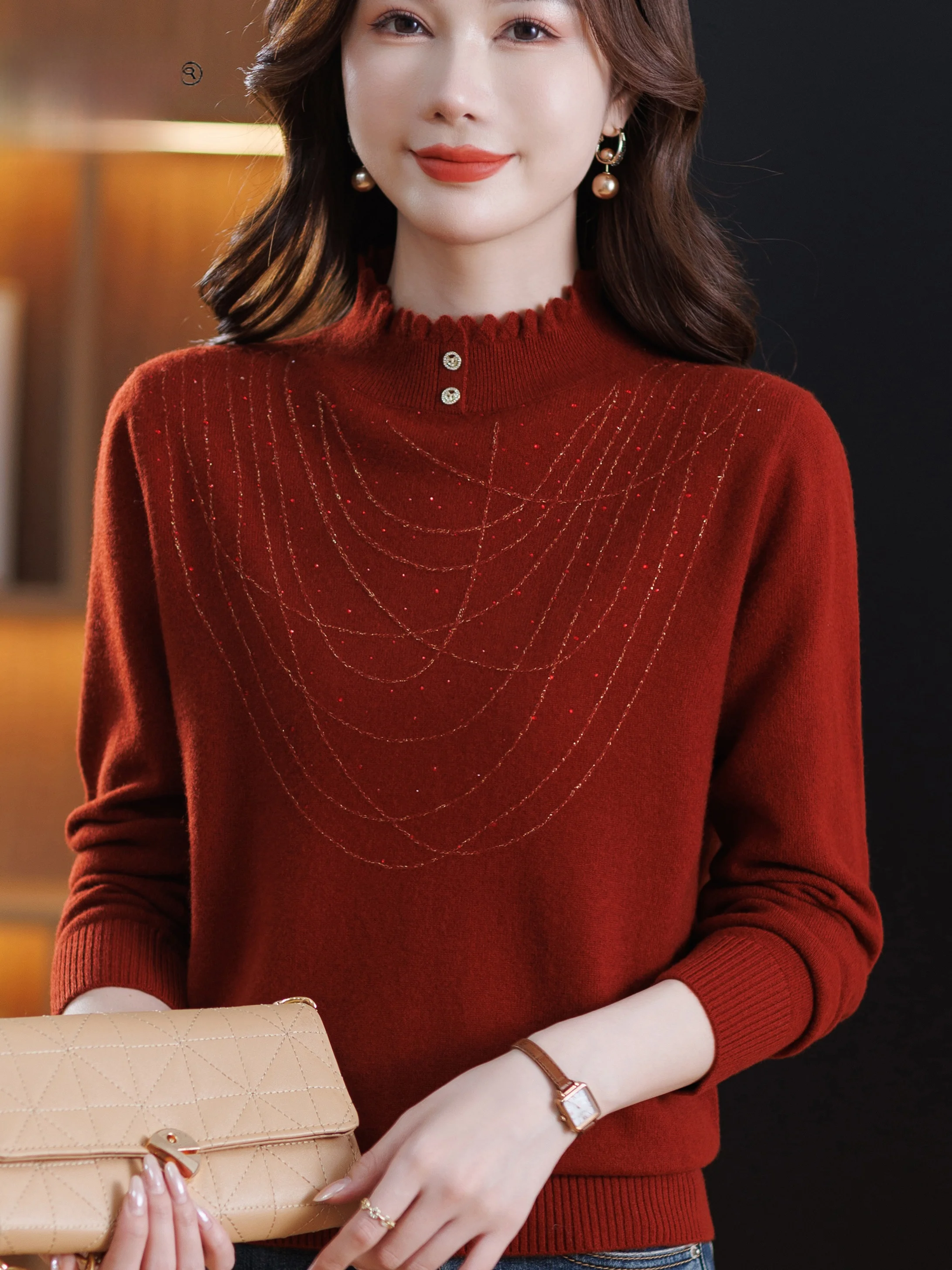 

Модный шерстяной вязаный свитер с высоким воротником, женский осенне-зимний теплый топ с деревянными ушками, повседневный свободный крой