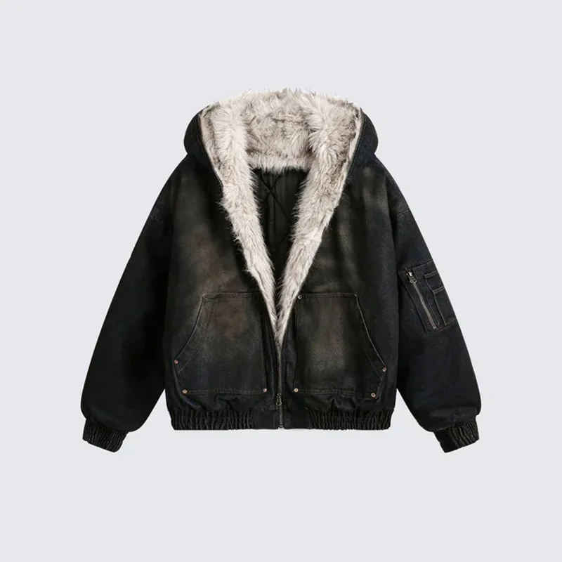 2026 New Arrival Winter Washed Denim Padded Jacket, Fleece‑Lined Outerwear, American Streetwear Wasteland‑Style Cotton Coat