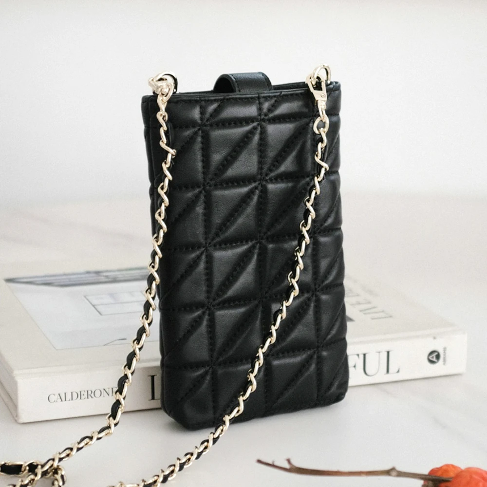 Female Mobile Crossbody Bag Luxury Mini Sheepskin Women Phone Purse Plaid Quilted Leather Ladies Cellphone Chain Shoulder Pouch