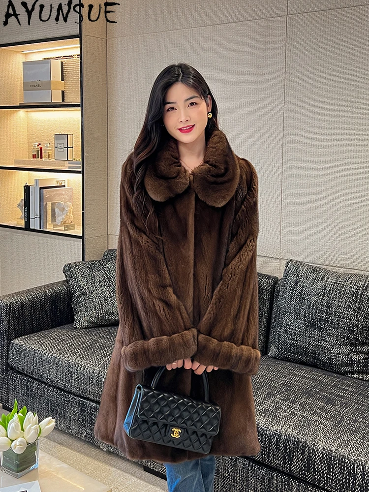 AYUNSUE 2025 ナチュラルミンクファーコート女性カボチャスリーブエレガントなリアルファーコート女性服高品質全体ミンク Шуба Женская