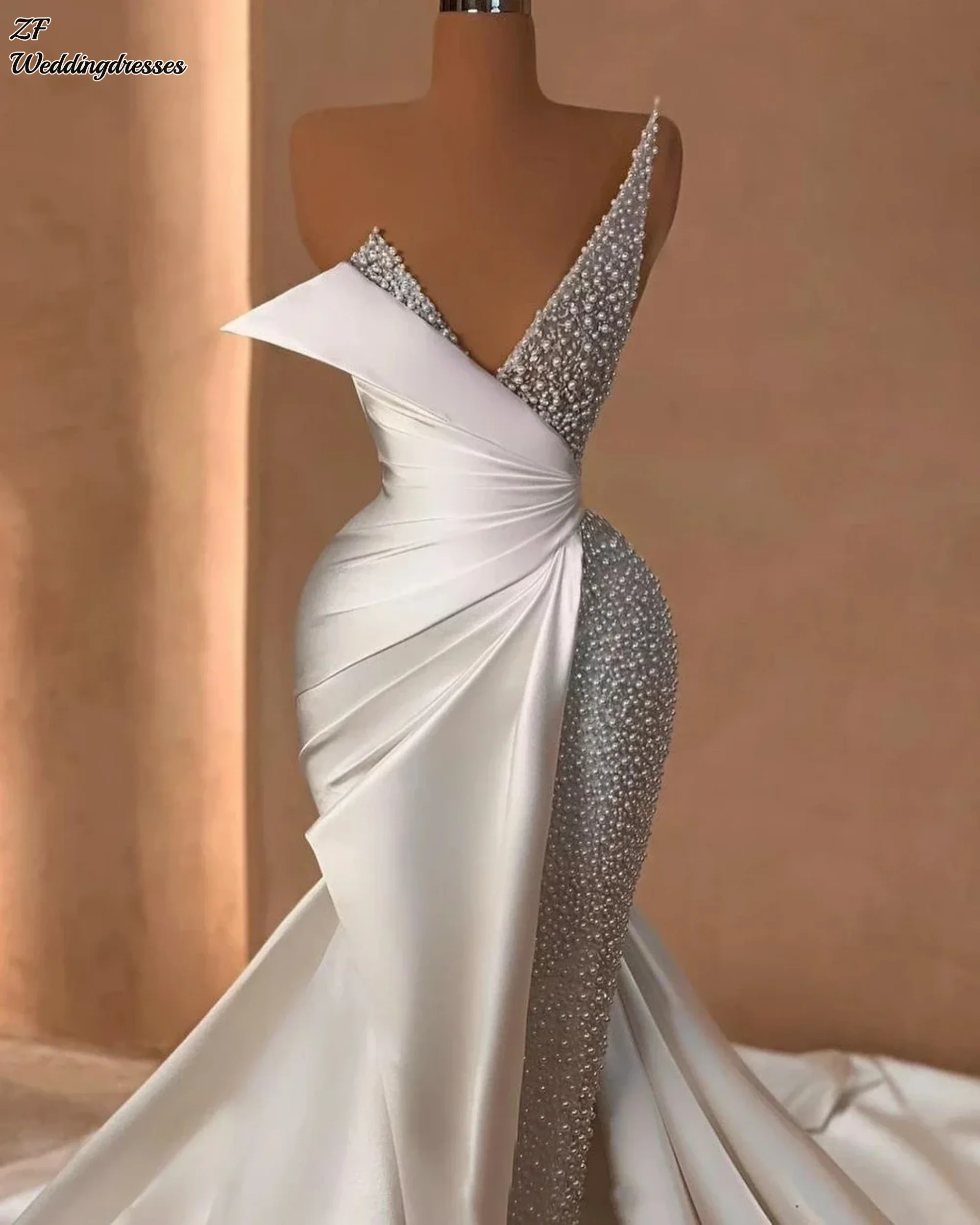 Customized Elegant Strapless Mermaid Wedding Dresses Pearl Sequins Bridal Gowns Sleeveless Dresses Vestido de novia