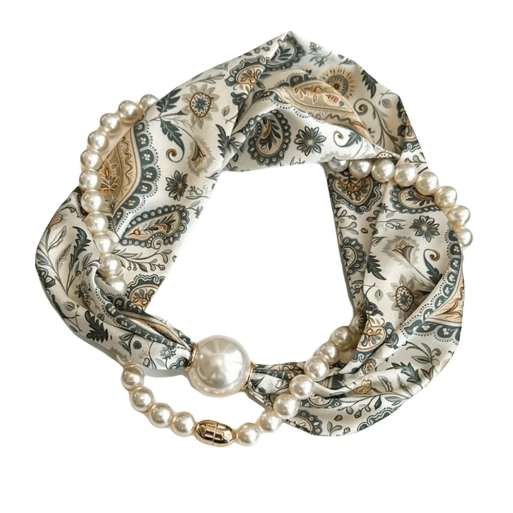 Silk Material Magnetic Pearl Scarf Long Style Magnetic Buckle Neck Warmer Small Pearl Pearl Necklace Scarf Summer Season