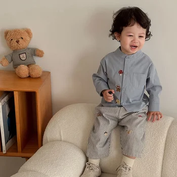 2026 Fall New Toddler Kids Pants Cotton Cartoon Embroidered Harem Pants Baby Boy Casual Striped Denim Baggy Trousers 4
