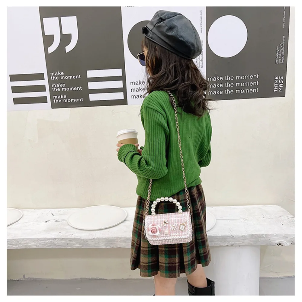 Fashion Flower Decoration Small Square Bag Pearl Handle Korean Style Shoulder Bag Mini Crossbody Bags Children