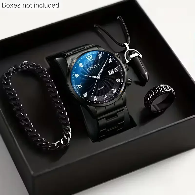 Fashion Men 4Pcs Watch Jewelry Set Blue Gradient Dial Wristwatch Male Birthday Gift Boxes Not Included