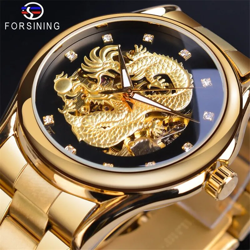 Free Shipping OUTLETSforsining European American Style Men's Fashion Casual Steel Belt Dragon Watch Hollow out Waterproof Automa