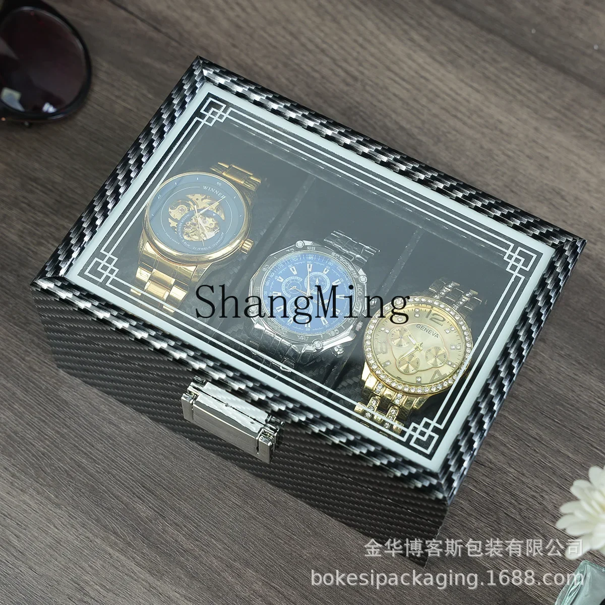 

CLL Jewelry Integrated Storage Box Carbon Fiber Pattern Leather Home Simple Watch Storage Box