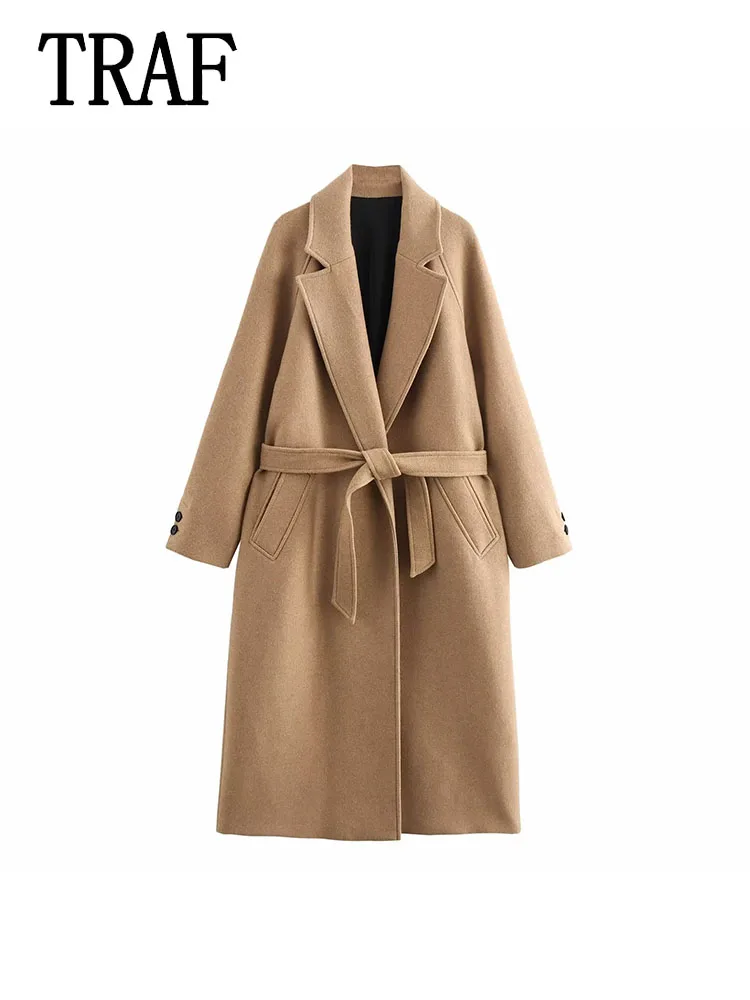 TRAF Women Casual Overcoat Long Sleeve Double Breasted Coat Female Solid Turn-Down Collar Long Coat Women