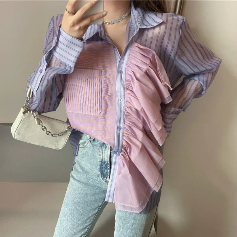 Fairy Long-sleeved Chiffon Shirts Ruffles Blouses Female Autumn Loose Pleated Single-breasted Lotus Cardigan Crop Blusas Mujer