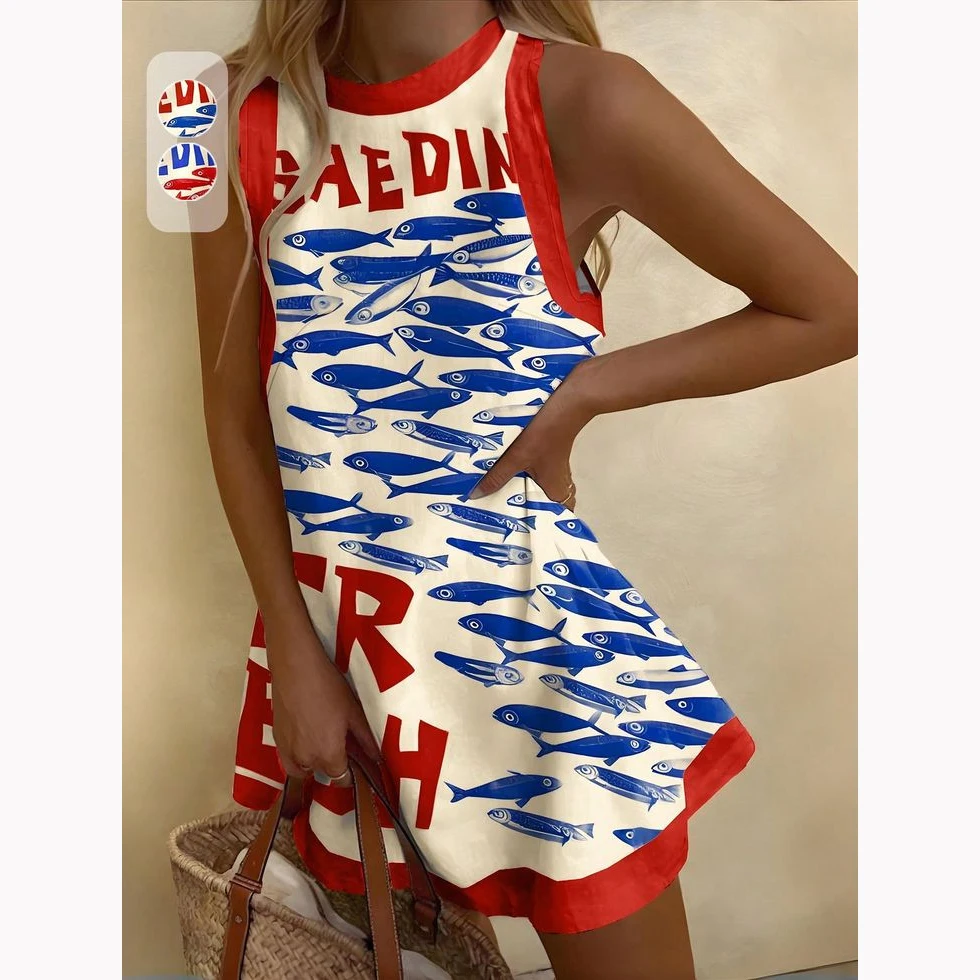 

Women Sleeveless Dress High Quality Sardines Fish Print Dress Designer New Beach Vacation Party Dress Outfit Chic Clothes