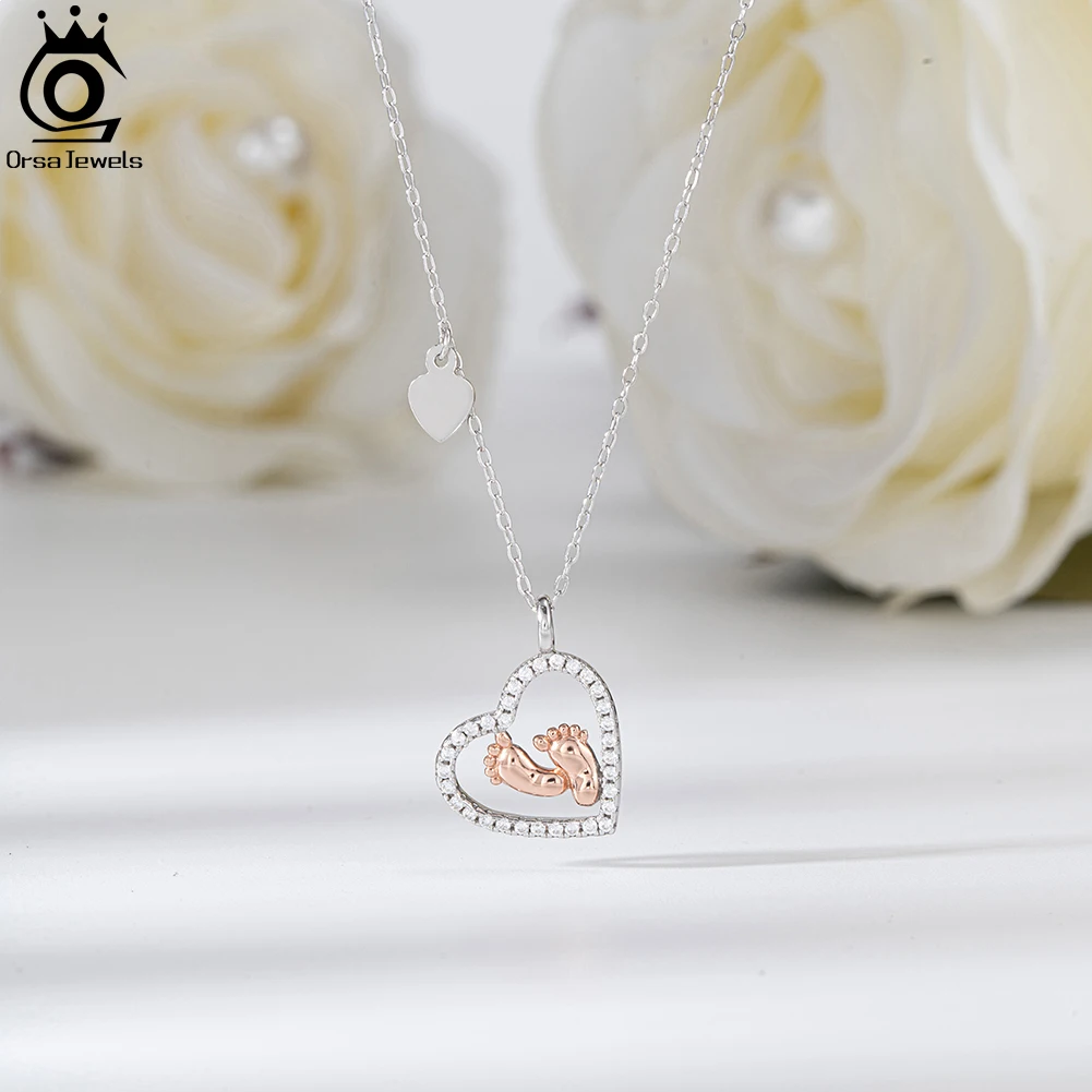 ORSA JEWELS 925 Sterling Silver Zirconia Love Heart Pendant Chain Necklace Footprint Shape Rhodium Plated CZ Choker Chain SSN336