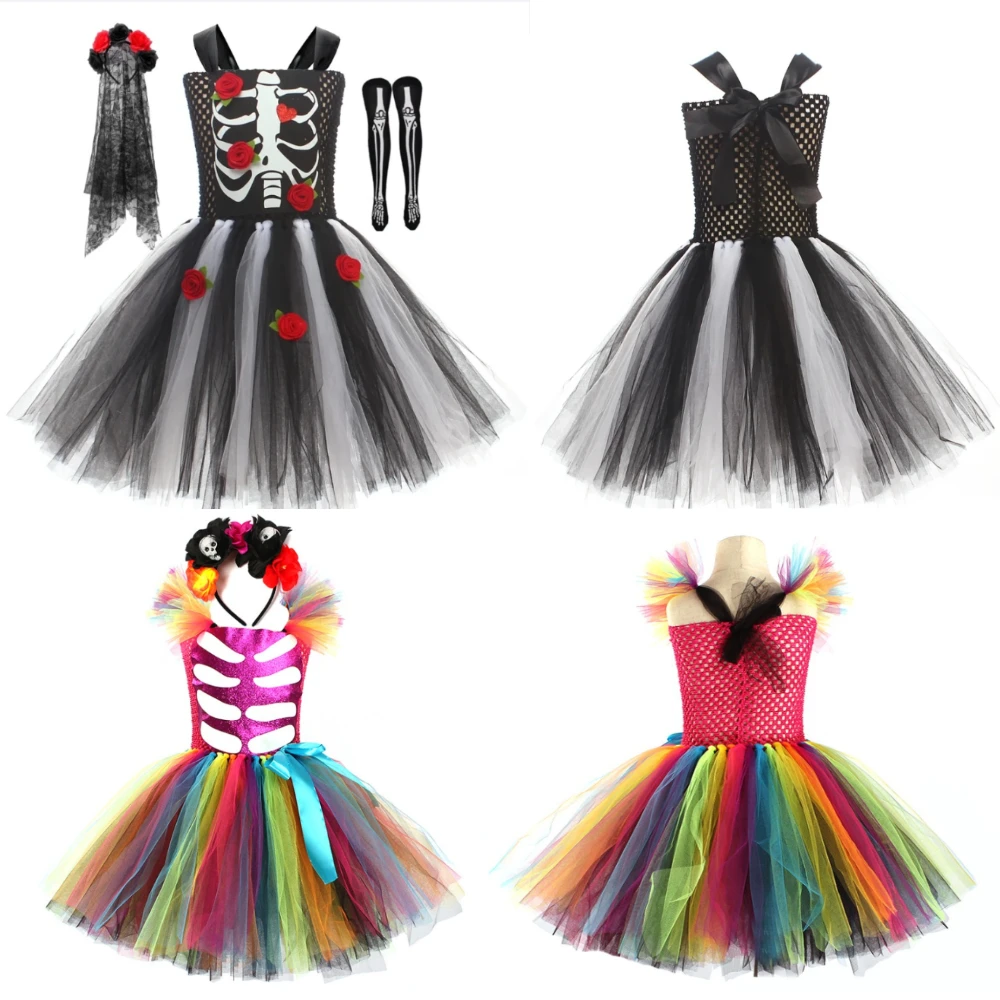 THEEPER Gruseliges Skelett-Halloween-Kostüm für Mädchen, Geisterbraut-Tutu-Kleid für Kinder, Day of The Dead Rosenknochen-Geister-Kostüm