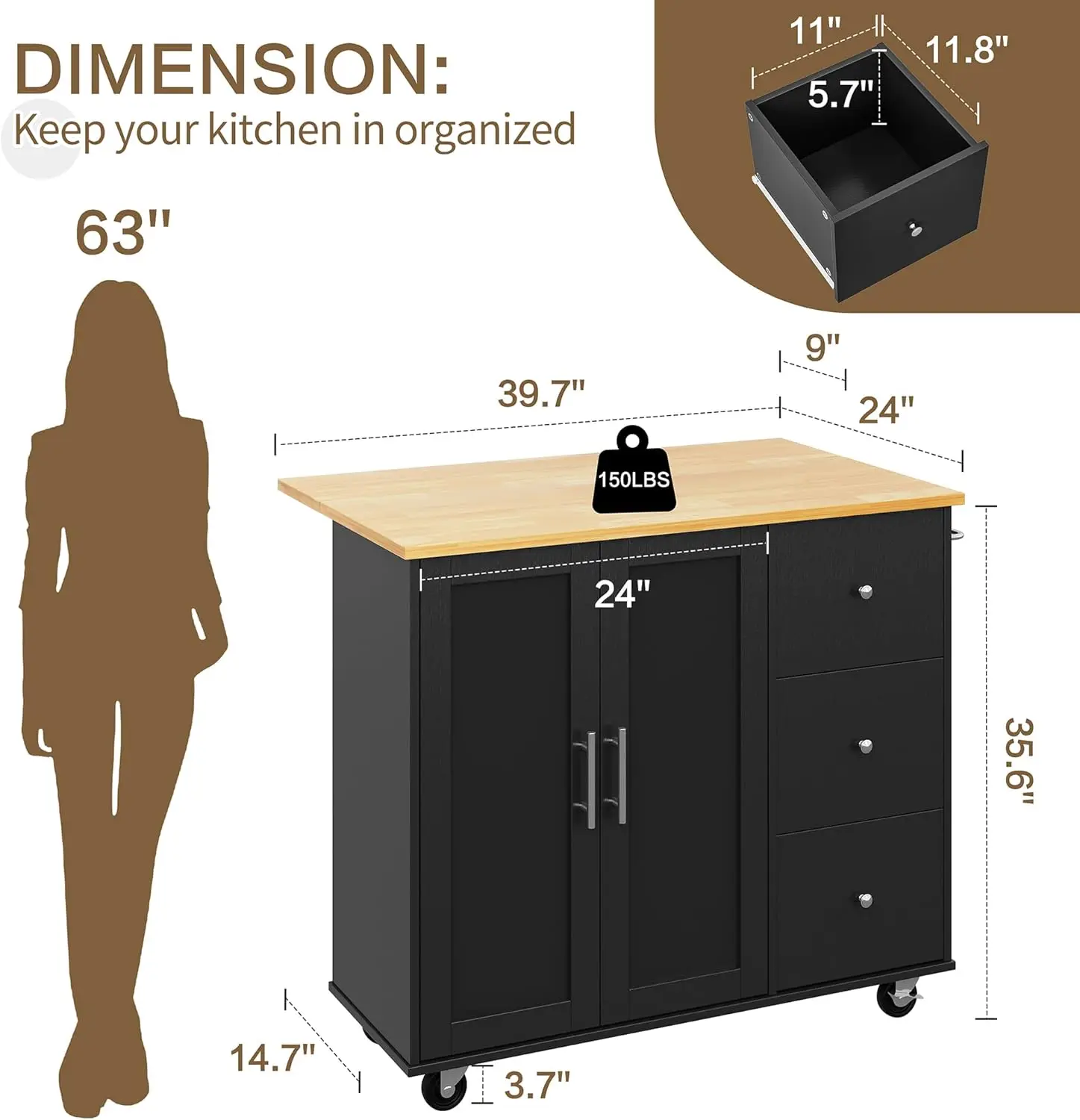 Kitchen Island on Wheels with Storage Cabinet & Foldable Drop Leaf, Rolling Kitchen Table, Cart Handle for Towel Rack, Drop Leaf