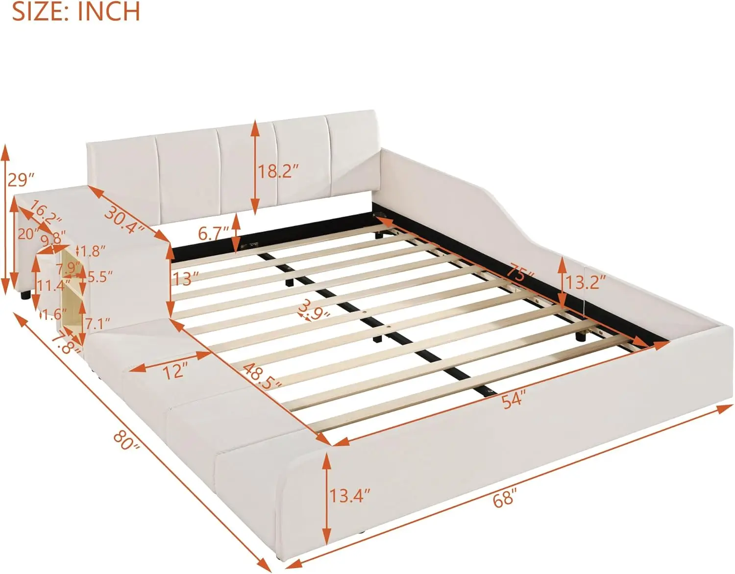 Cama aterrado estofada tamanho completo para mãe e filho, tecido de veludo, cama plataforma do assoalho com mesa de cabeceira e pouco