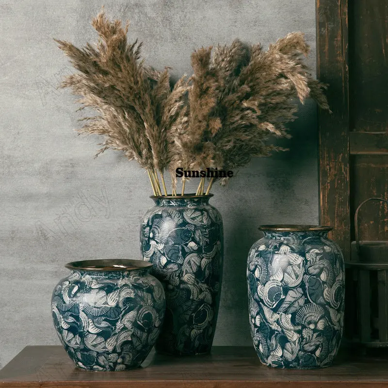Retro Ceramic Vase Handwork Blue and White Porcelain Living Room Flower Vases Gold Stroke Decorative Home Tabletop Decoration