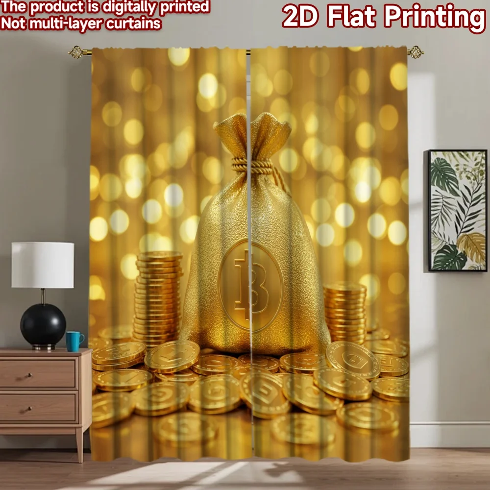 2D flat 2pcs Curtain Retro Country Style Bitcoin Money Bag Digitally printed polyester, colorfast Festive Curtains Use for