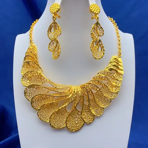 Dubai Indian African Big Necklace Earrings Jewelry Set For Women 24K Gold Plated Nigeria Bridal Wedding Party Gift Jewellery