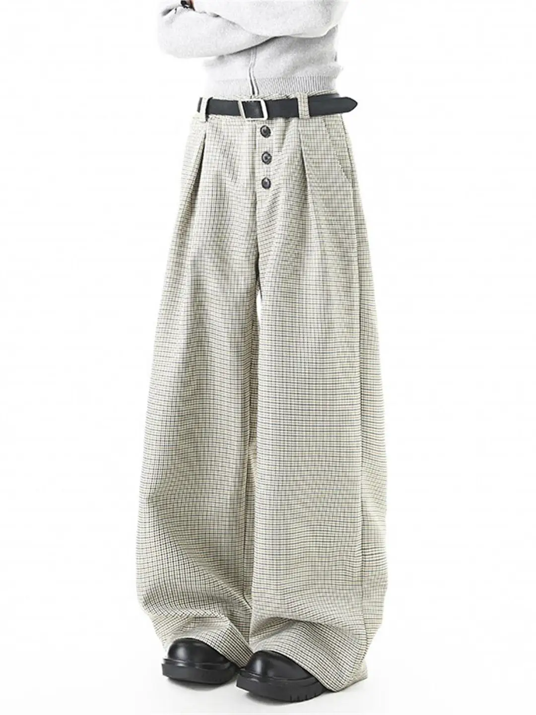 

American Sle Casual Pants Men's Women's A-Line Wide Leg West Pants Loose CleanFit Trousers Folded Plaid Pattern