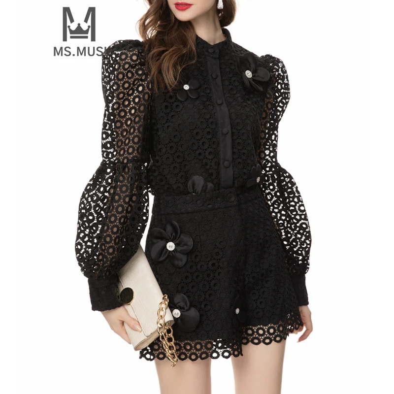 

MSMUSI 2024 New Fashion Women Sexy Floral Diamond Lace Mesh Two Piece Set Bodycon Party Slim Long Sleeve Top Short Pant Set Suit