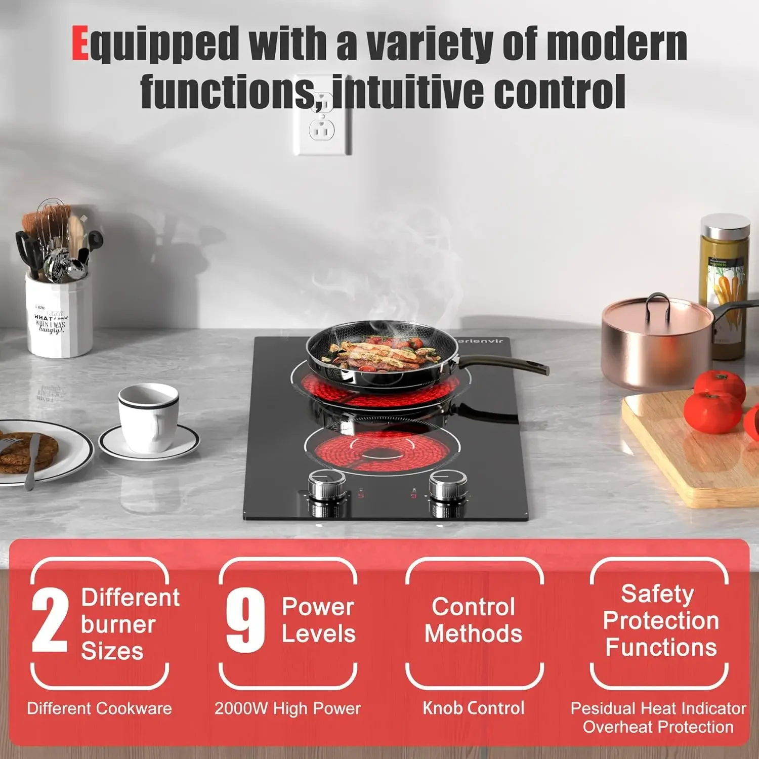 Electric Cooktop 2 Burners, Knob Control, Plug in Electric Stove 110v, 2000w, 9 Power Levels, Countertop & Built-in Ceramic Cook