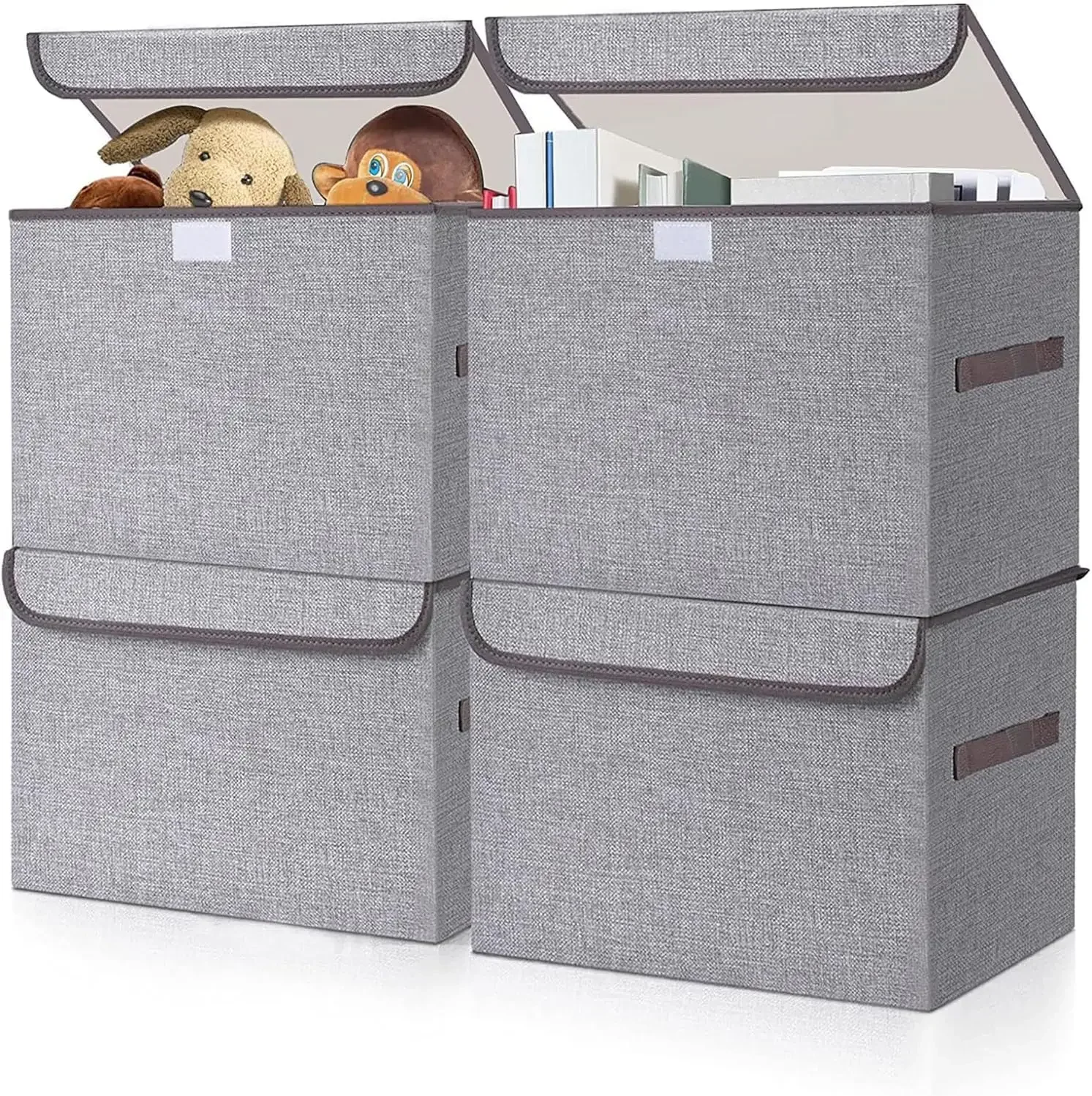 

4 Pack 22 Quart Linen Foldable Storage Bin with Flip-Top Lid Handles Gray for Home Closet Office Organizer