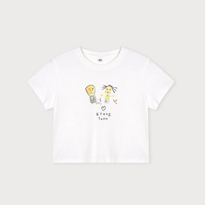 

Summer 2025 Women's White round Neck Short Sleeve T-Shirt Hand-Drawn Graffiti Print Cute Belly Button Baring Casual Cotton Top