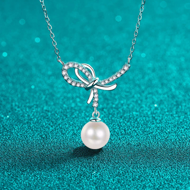 S925 Sterling Silver Moissanite & Pearl Bow Pendant Choker Necklace  Sweet, Cute & Minimalist Girly Style