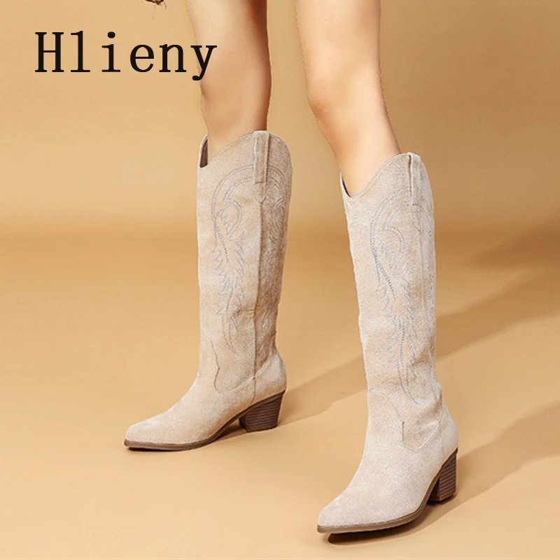 

Женские зимние сапоги Hlieny, размеры 35-43, модный дизайн, вышивка, ковбойские сапоги в западном стиле, с острым носком, на низком каблуке