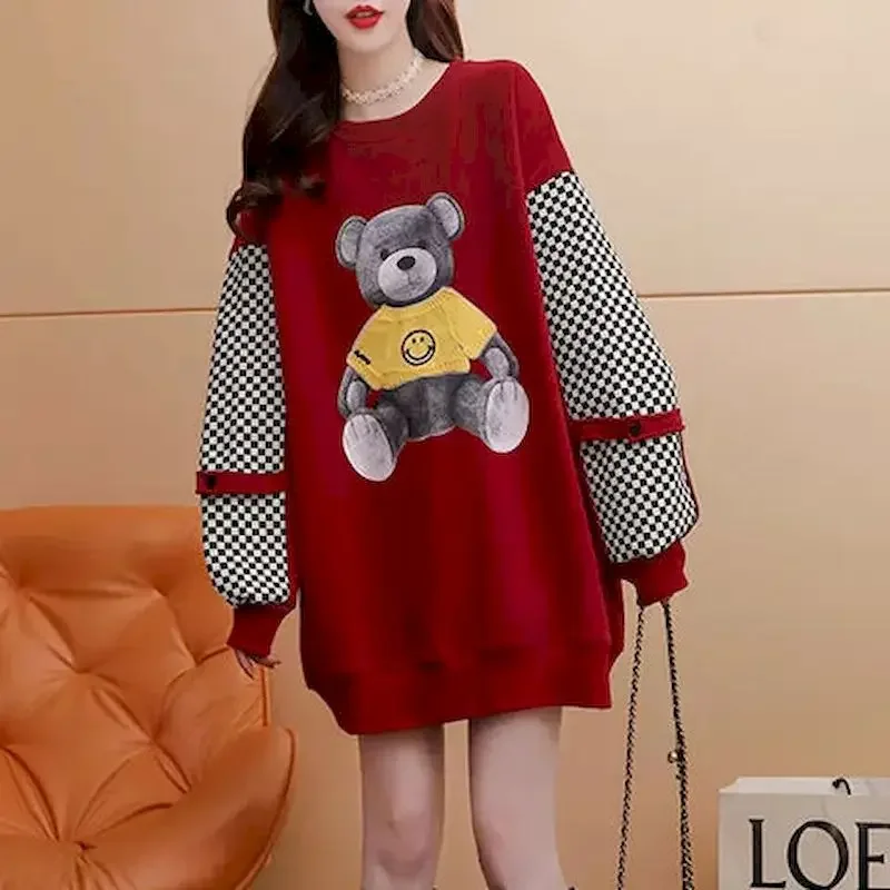 

Fashion Pillovers Women Plush Thick Checkerboard Patchwork Pullover Trendy Little Bear Printed Long Sleeve Top Autumn Winter Top