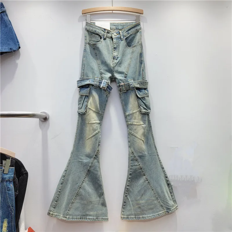 Retro Women Straps Flare Jeans Belted Micro Horn Denim Pants Spicy Girl Long Double Pockets Cowboy Trousers Streetwear Pantalon