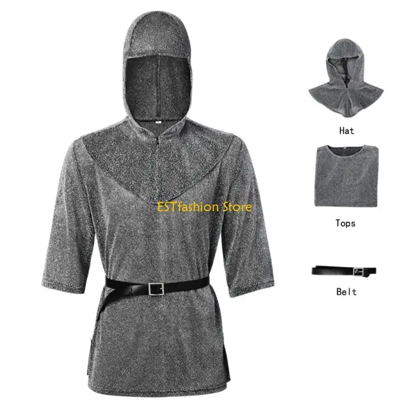 Y5GC Renaissances Chain Mail Armors Tunics Coif Cowl Belt Bracers Set Medieval Knightess Costume Outfit Halloween Costume