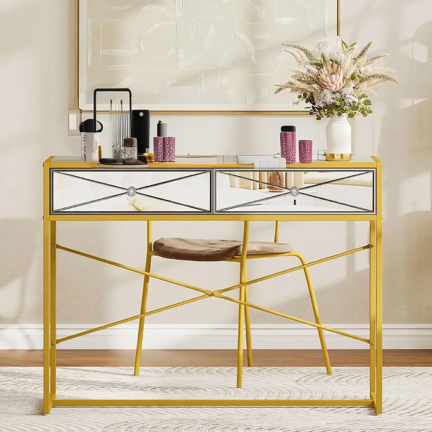 Manicure Table, Nail Desk for Nail Tech, Modern Mirror Manicure Desk with 2 Drawers, Acetone Resistant Nail Table Stati