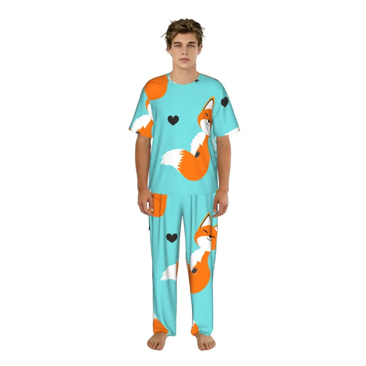 

Мужские повседневные пижамные комплекты с короткими рукавами и брюками, мужская одежда для сна с изображением лисы на тürкоазовом фоне, домашняя одежда