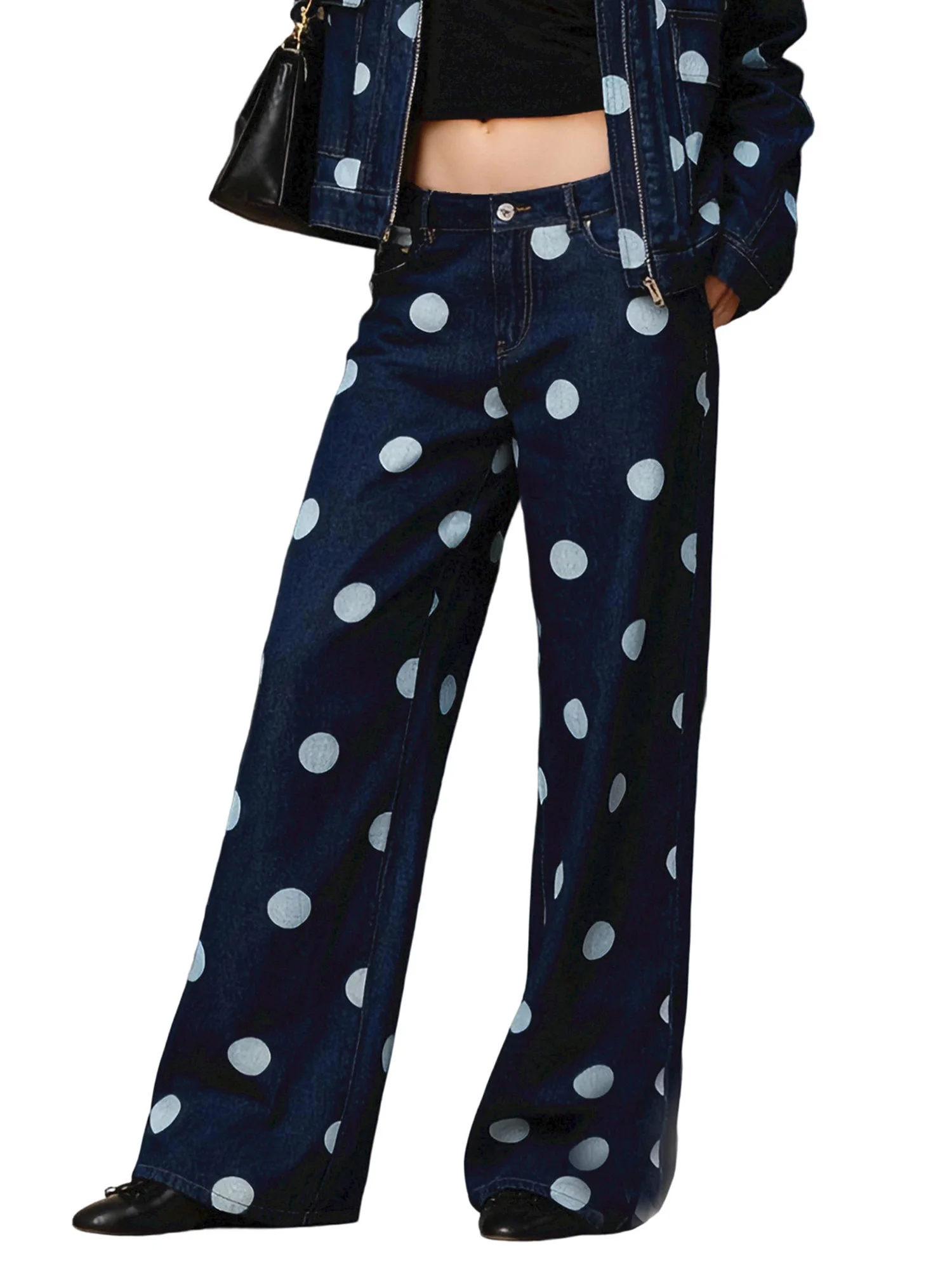 

Женские широкие джинсовые брюки, модные мешковатые джинсы с низкой талией и принтом в горошек, брюки свободного покроя