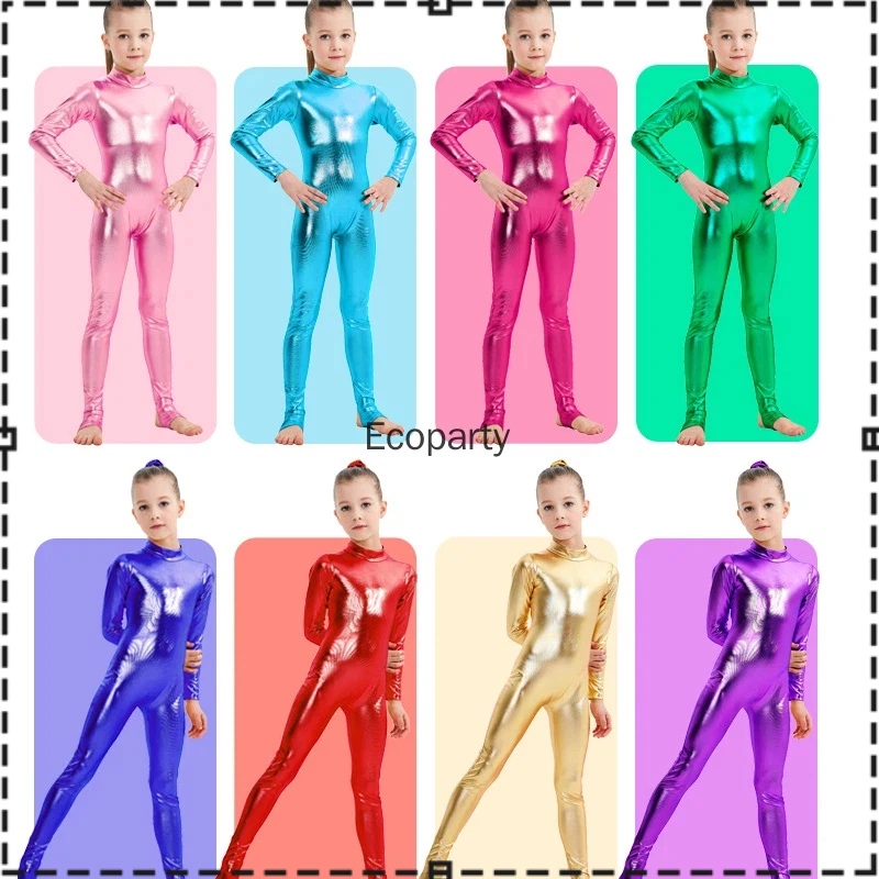 

One Piece Kids Shiny Metallic Long Sleeves Full Body Gymnastics Ballet Dance Leotard Jumpsuit Girls Stretchy Unitards Dancewear