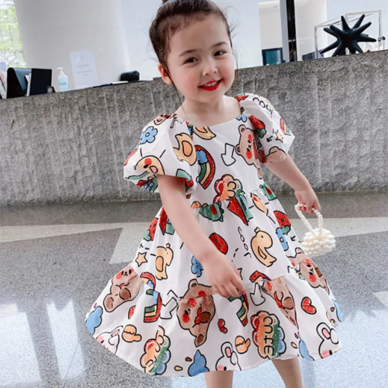 Girls' Cartoon Doll Rainbow Puff Sleeve Dress Princess Dress25Summer New Foreign Trade Children's Wear Delivery