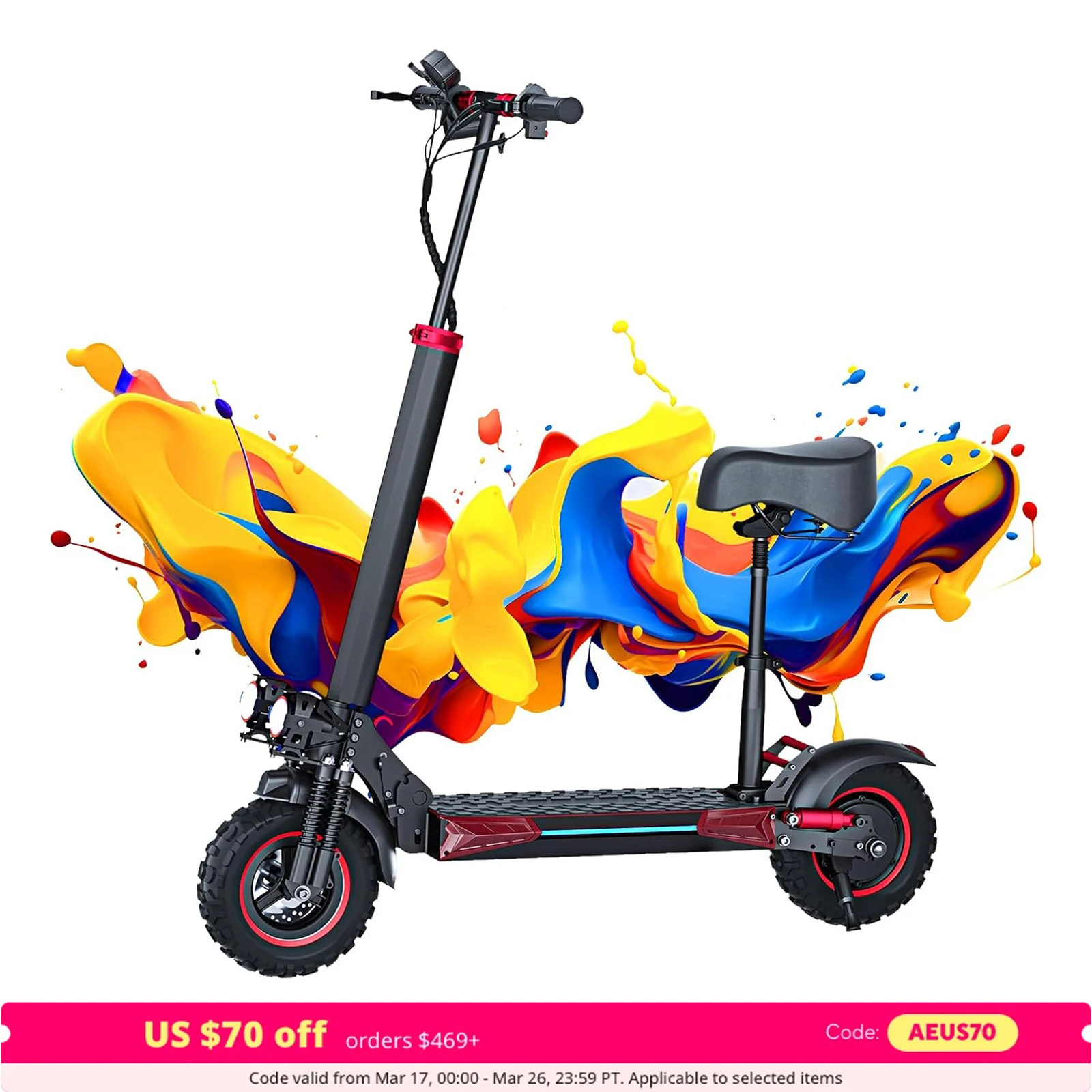 Foldable 1200W Electric Scooter with Seat for Adults, 11'' Off-road Tires, 48V 21Ah Battery, 33Miles Range Commuter E-scooter