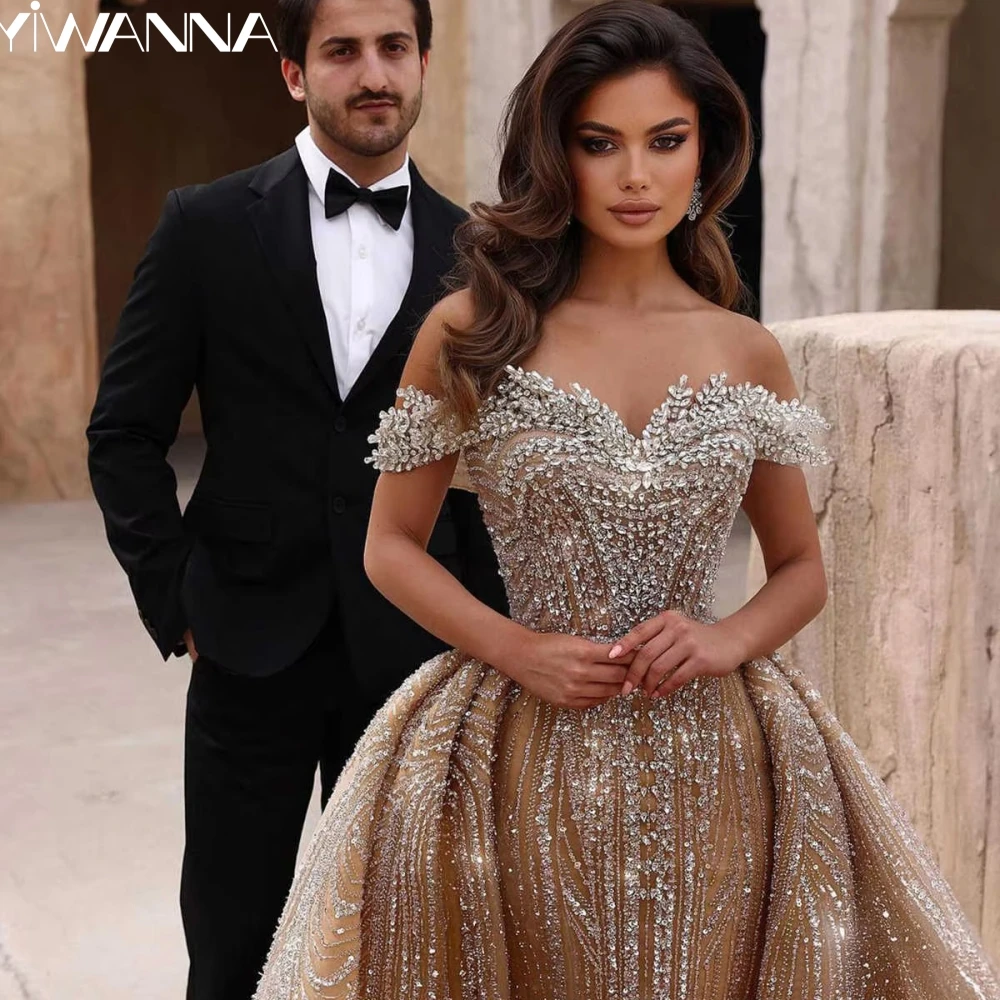 

Luxurious Champagne Crystal Beads Wedding Dress Detachable Train Bridal Gown 2025 New Customized Off Shoulder Dresses For Bride