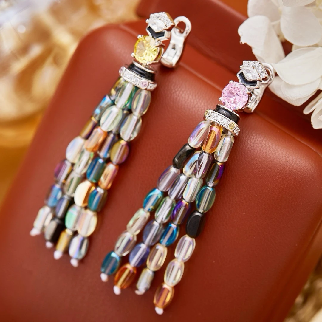 AY Luxury Temperament AAA Zircon Tassel Colorful Necklace Long Earrings For Women Wedding Party Evening Dress Jewelry Sets