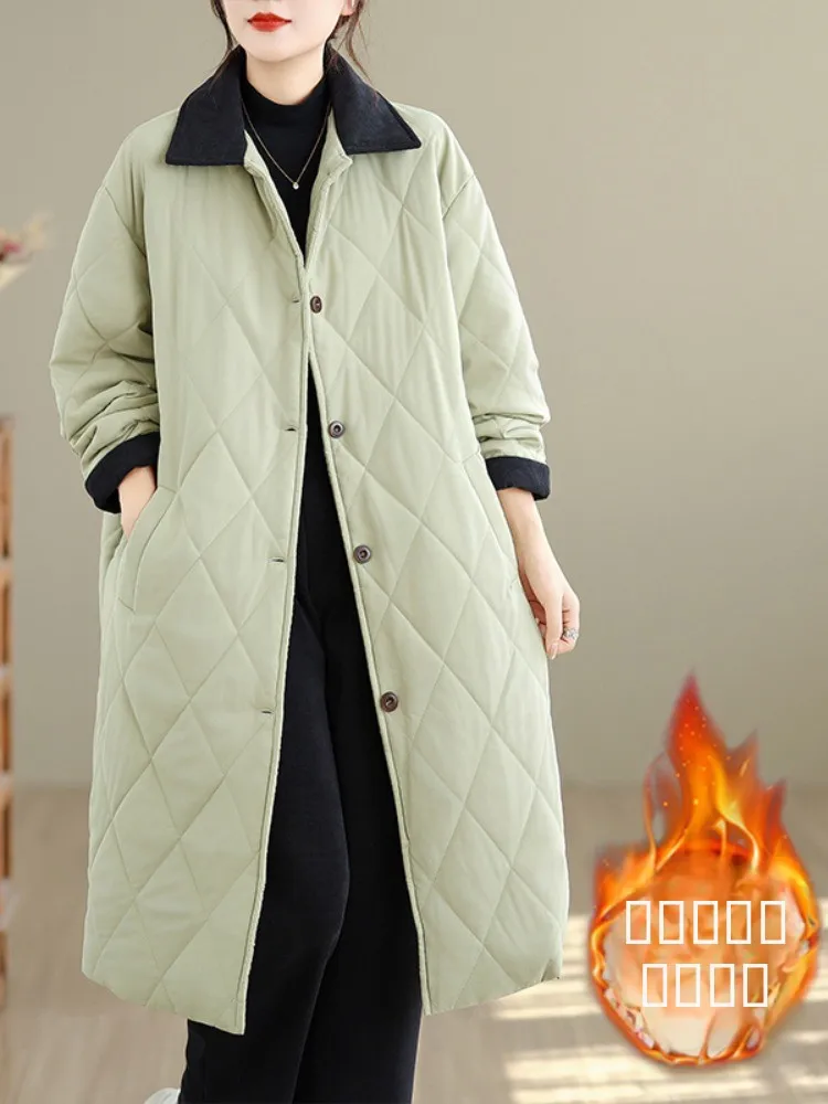 

Ретро-пальто с ромбовидным узором из хлопка, утепленное, зимнее, женское, с длинными рукавами, больших размеров, удлиненное, хлопковая одежда