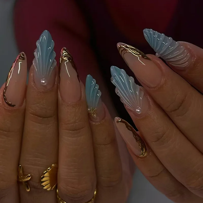 

24 шт., миндалевидные ногти, пресс на градиент, синие типсы, 3d ракушка, морская звезда, жемчуг, накладные ногти средней длины, накладные ногти для девочек