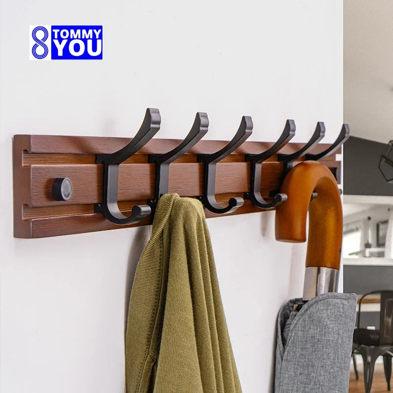 Creative Bamboo Aluminium Coat Racks Movable Hooks Sliding Adjustable Spacing Bedroom Hanging Bag Hat Rack Punching Installation