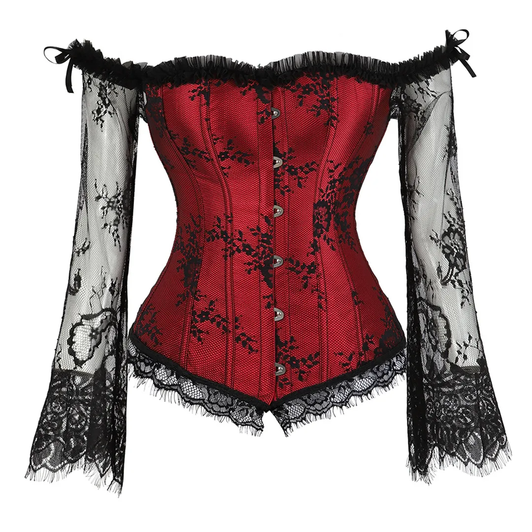 Burlesque Corset With Sleeves Black Gothic Corset Bustier for Women  Lace Long Sleeves Corset Lingerie Sexy Costume