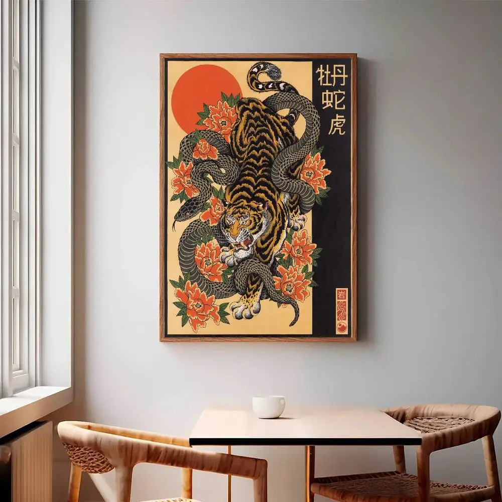 The Tiger, The Serpent & The Peonies II Poster Paper Print Home Living Room Bedroom Entrance Bar Cafe Art Painting Decoration