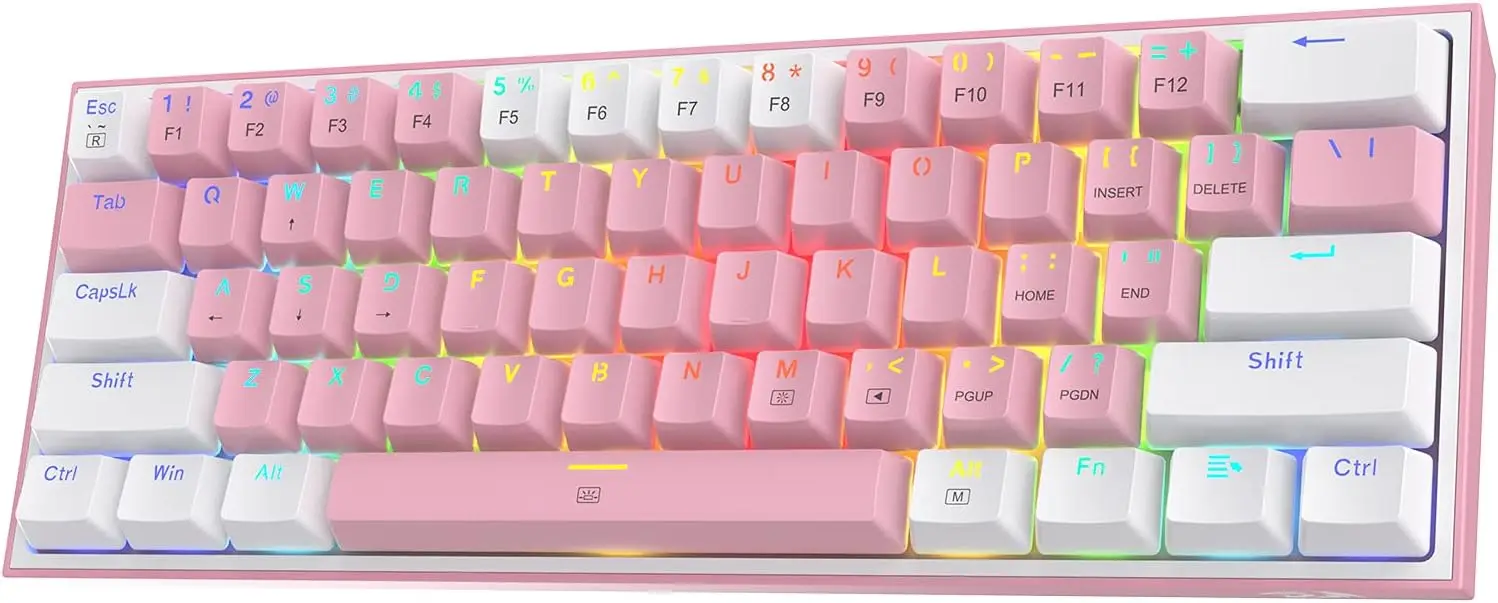 

Компактная игровая RGB-клавиатура 60% с 61 клавишей, возможностью горячей замены, белыми/розовыми колпачками клавиш, линейными красными переключателями, поддержкой программного обеспечения