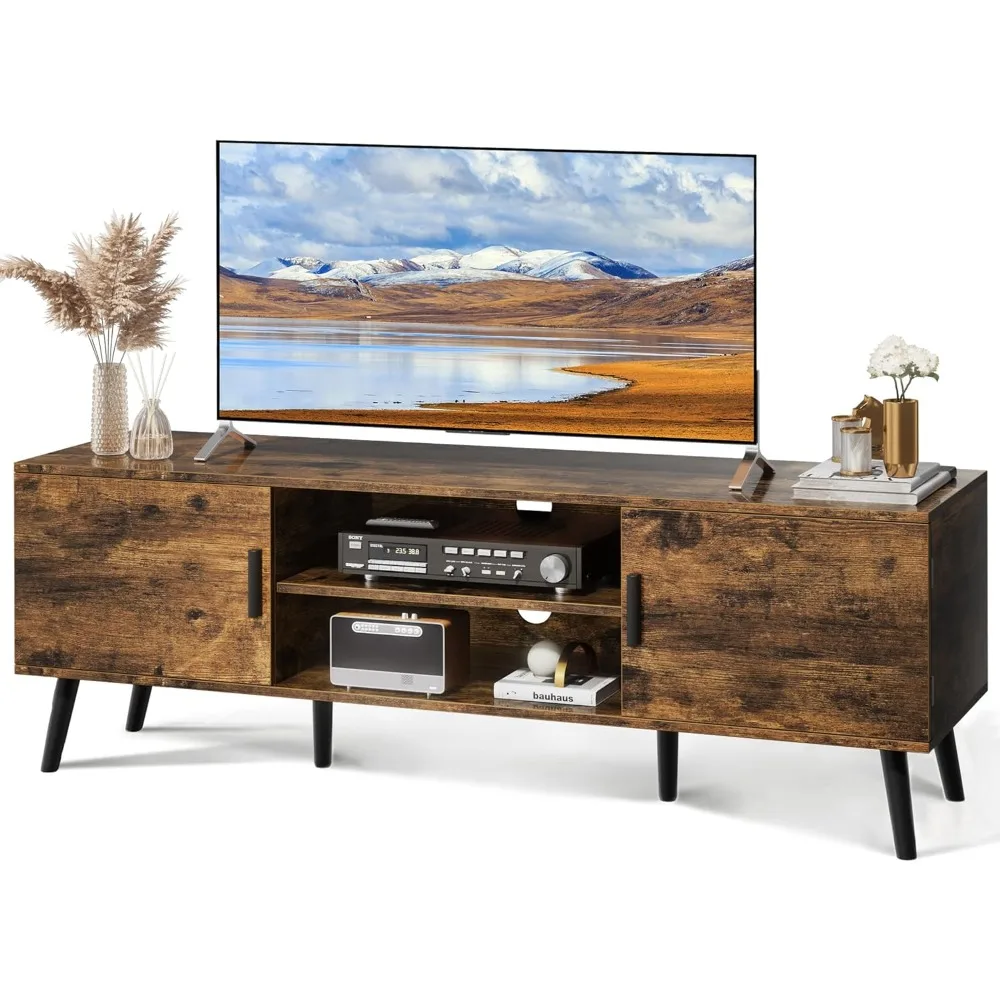 

TV Stand for 55 Inch TV, Entertainment Center with Adjustable Shelf, 2 Cabinets, TV Console Table, Media Console, Solid Wood Fe