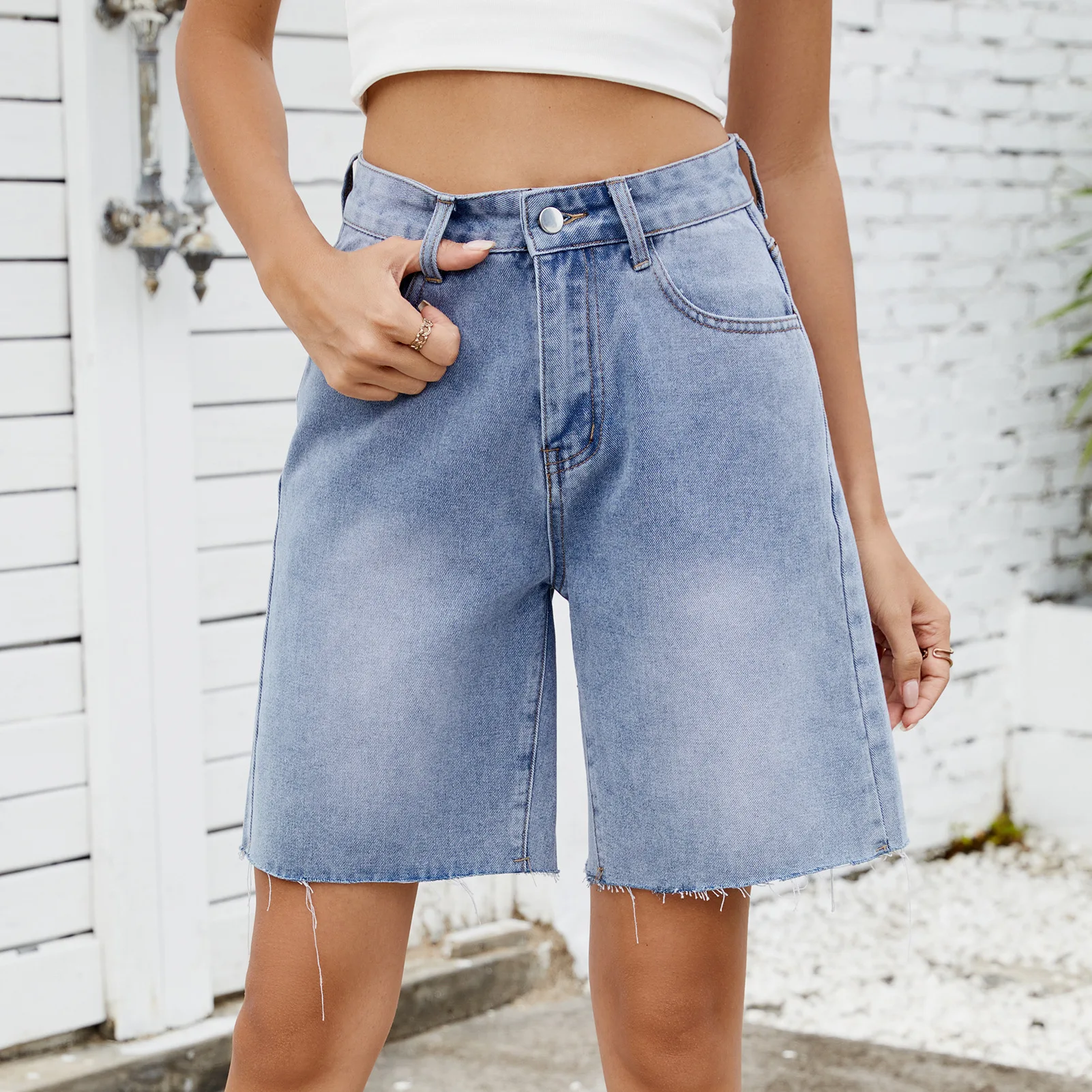 

Jeans Shorts Women Vintage Short Pants High Waist Distressed Washed Pockets Straight Trousers Streetwear Knee Length Denims
