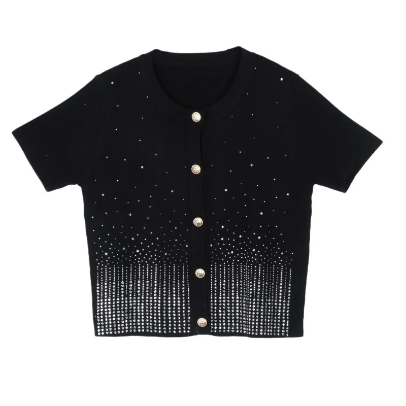 

2024 Summer Cardigan Women O-Neck Gold Buttons Beaded Short Sleeve Cardigan Sweater Shirt Elegant Tops